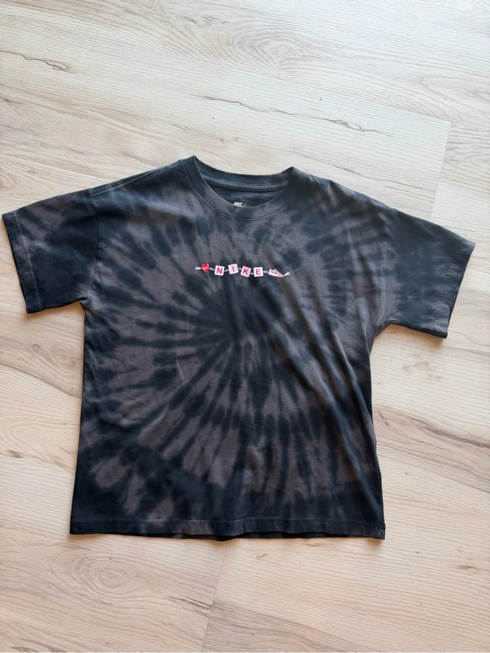 Nike Black Spiral Tie-Dye Tee with Pink Logo - Kids
